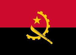[ai] The flag of Angola features horizontal stripes of red and black, with a yellow emblem in the center. The emblem includes a star above a cogwheel and a machete crossing a hoe.
